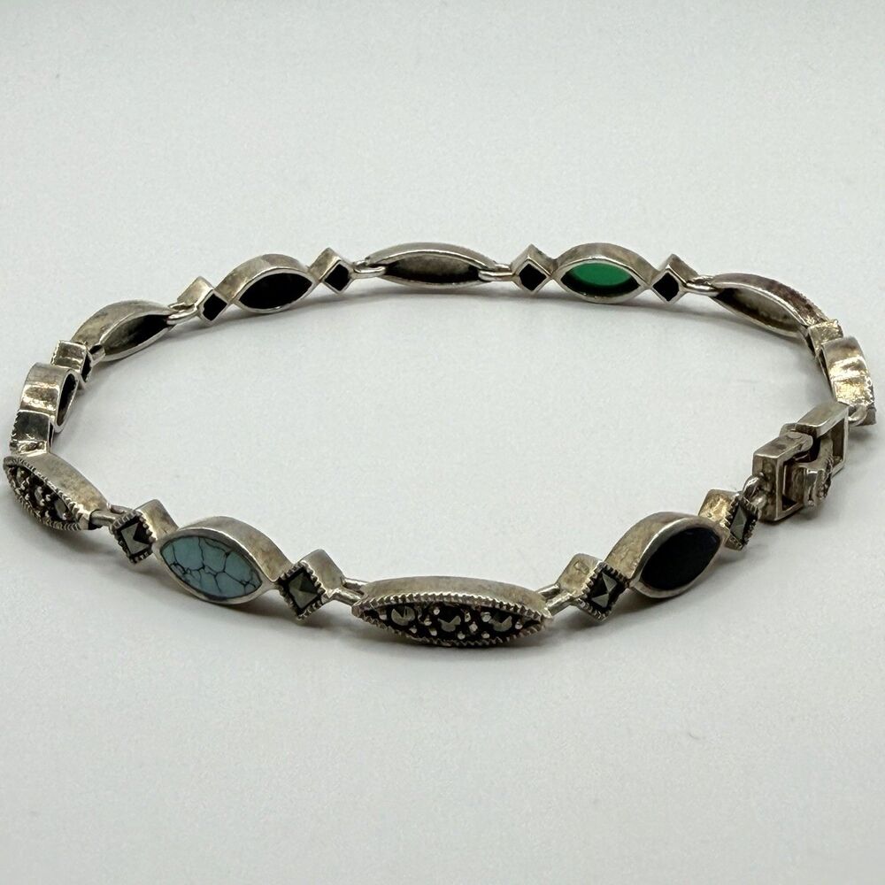 925 Sterling Silver Multicolor Inlay Marcasite Link Bracelet 7.5" 10g